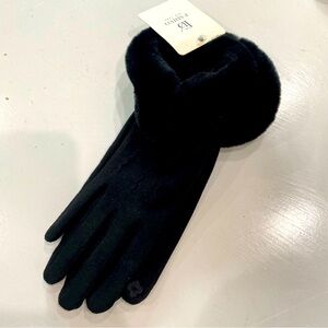 Black Women's Stretch Faux Suede Touchscreen Gloves Faux Fur Trim One Size
